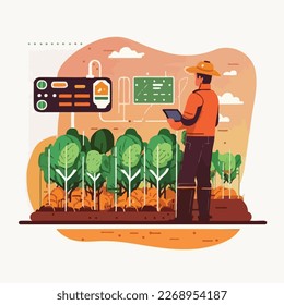 El agricultor utiliza IA o inteligencia artificial para el monitoreo de la agricultura. Ilustración vectorial de estilo plano. Interacción humana con el concepto de red neuronal