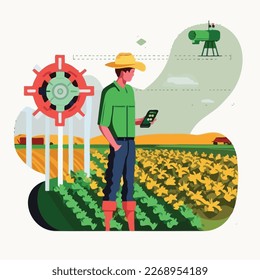 Farmer uses AI or Artificial Intelligence for agriculture monitoring. Flat style vector illustration. Human interaction with a neural network concept