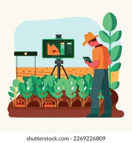 Farmer uses AI or Artificial Intelligence for agriculture monitoring. Flat style vector illustration. Human interaction with a neural network concept