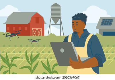 Farmer using computer for control and monitoring on the smart farm, vector flat style illustration. An agronomist analyzes data from innovation farming.