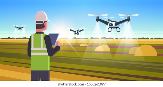 farmer using drone sprayer quad copter flying to spray fertilizer on field smart farming modern technology organization of harvesting concept landscape background flat horizontal vector illustration