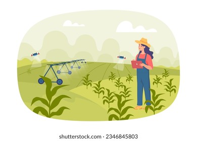 Granjero usando drones para el regado de plantas de ilustración vectorial. Dibujo de caricatura de una mujer feliz usando gadgets en el campo. Automatización, robótica, agricultura, concepto tecnológico