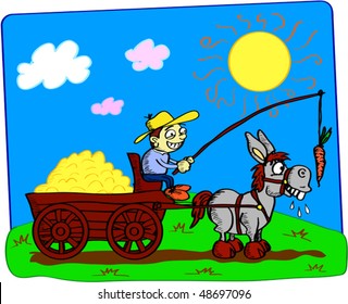 A farmer using the right motivation to get the most out of his donkey.