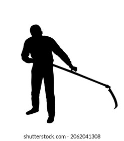 Farmer using scythe to cut grass vector silhouette illustration isolated on white background. Rural gardener landscaper. Country man with scythe hard work outdoor. Villager mowing wheat or clover