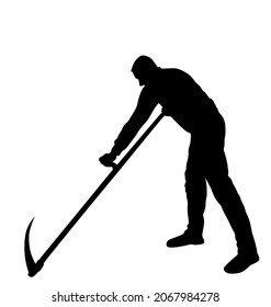 Farmer using scythe to cut grass vector silhouette illustration isolated on white background. Rural gardener landscaper. Country man with scythe hard work outdoor. Villager mowing wheat or clover