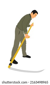 Farmer using scythe to cut grass vector illustration isolated on white background. Rural gardener landscaper. Country man with scythe hard work outdoor. Villager mowing wheat or clover.