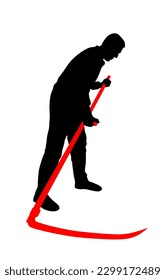 Farmer using scythe to cut grass vector silhouette illustration isolated on white background. Rural gardener landscaper. Country man with scythe hard work outdoor. Villager mowing wheat or clover