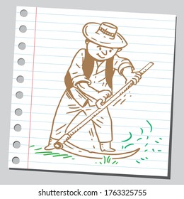 Farmer using scythe to mow the lawn traditionally. Farmer scything .