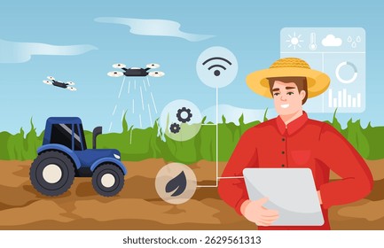 Farmer using smart farm technology with drones, data icons, and tractor on field background. Concept of modern agriculture. Vector illustration