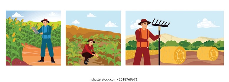 A farmer using a tablet to analyze and monitor agricultural output.A farmer checking the crops. Male farmer standing holding a rake and making hay. Set flat vector illustration.