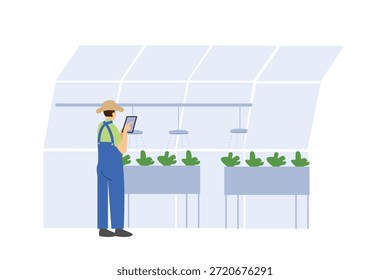 Farmer Using Tablet App in Greenhouse for IoT Smart Farming and Remote Control Cartoon Illustration