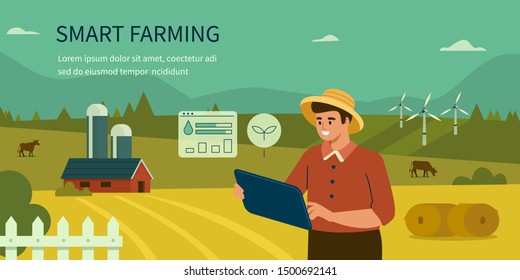 
Bauern, die Tablet für die Kontrolle und Überwachung auf dem Feld verwenden. Man Character Analysis Data auf seinem Bauernhof. Intelligente Landwirtschaft, IOT und intelligente Landwirtschaftstechnologie Flache Cartoon-Vektorgrafik.