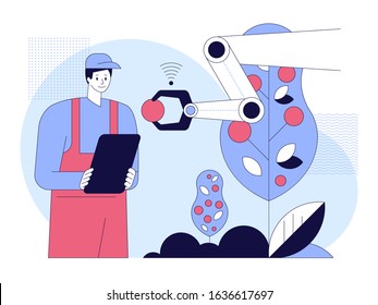 Farmer Using Tablet for Control and Monitoring on the Field. Man Character Analysis Data on his Farm. Smart Farming, IOT, and Smart Agriculture Technology Concept. Flat Cartoon Vector Illustration.