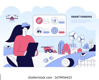 Farmer using tablet to monitor smart farm. Modern agriculture concept. Flat design elements. Vector illustration. Modern agriculture smart farming concept