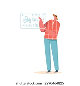 Farmer Utilizes Artificial Touch Screen To Monitor And Control Various Aspects Of The Farm, Cartoon Vector Illustration
