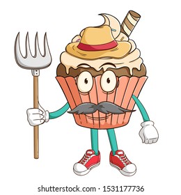 A farmer of vanilla cupcake cartoon character holding a pitchfork with funny face