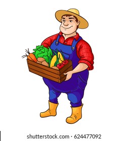 Farmer vector character. Cartoon cute fat man in hat holding box of vegetables in hands. Isolated  colorful worker illustration. Great for logo, label, farm market poster