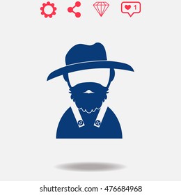 Farmer vector icon on grey background.