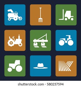 farmer vector icons. Set of 9 farmer filled icons such as field, tractor, pitchfork