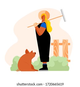 Farmer. Vector Illustration Of A Female Farm Worker. Agricultural Industry. Farming. Pig Breeding