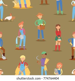 Farmer vector people workers character agriculture person profession farming life illustration woman and man work hard with tools seamless pattern background