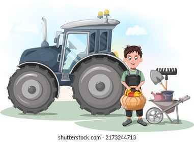 Farmer with vegetable basket, tractor, wheelbarrow and farm tools