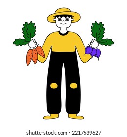 Granjero con ilustración vectorial de cosecha de vegetales. Para un diseño de estilo de vida saludable. Diseño plano.