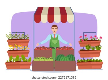 Farmer at vegetable stall vector illustration. Happy man presenting fruits and flowers at market on white background. Urban Farm Produce, healthy food, local market, gardening concept