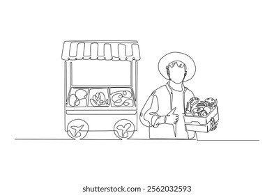 Farmer with vegetables beside market stall in continuous one line drawing. Local market concept in single line art illustration. Editable vector.  