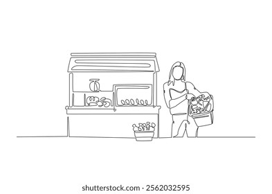 Farmer with vegetables beside market stall in continuous one line drawing. Local market concept in single line art illustration. Editable vector.  