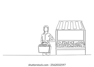 Farmer with vegetables beside market stall in continuous one line drawing. Local market concept in single line art illustration. Editable vector.  