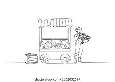 Farmer with vegetables beside market stall in continuous one line drawing. Local market concept in single line art illustration. Editable vector.  