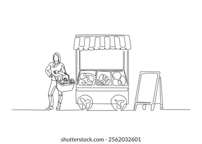 Farmer with vegetables beside market stall in continuous one line drawing. Local market concept in single line art illustration. Editable vector.  