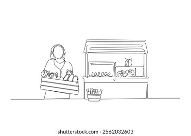 Farmer with vegetables beside market stall in continuous one line drawing. Local market concept in single line art illustration. Editable vector.  