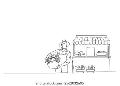 Farmer with vegetables beside market stall in continuous one line drawing. Local market concept in single line art illustration. Editable vector.  