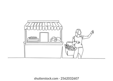 Farmer with vegetables beside market stall in continuous one line drawing. Local market concept in single line art illustration. Editable vector.  