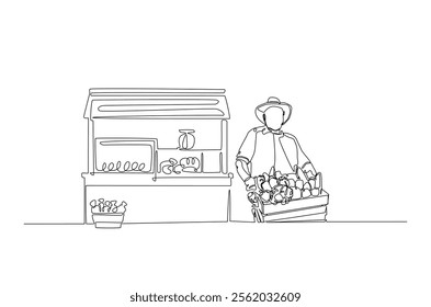 Farmer with vegetables beside market stall in continuous one line drawing. Local market concept in single line art illustration. Editable vector.  