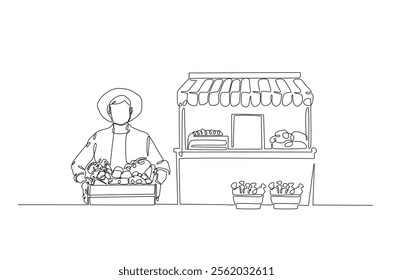 Farmer with vegetables beside market stall in continuous one line drawing. Local market concept in single line art illustration. Editable vector.  