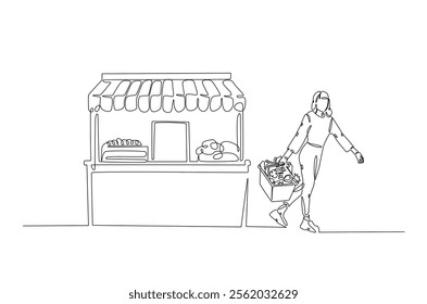 Farmer with vegetables beside market stall in continuous one line drawing. Local market concept in single line art illustration. Editable vector.  