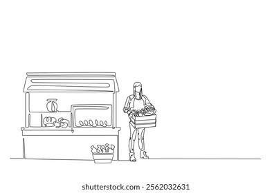 Farmer with vegetables beside market stall in continuous one line drawing. Local market concept in single line art illustration. Editable vector.  