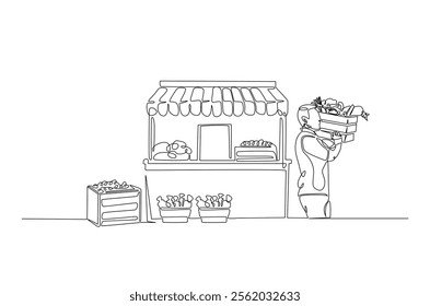 Farmer with vegetables beside market stall in continuous one line drawing. Local market concept in single line art illustration. Editable vector.  