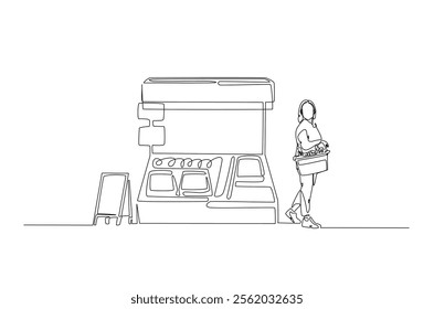 Farmer with vegetables beside market stall in continuous one line drawing. Local market concept in single line art illustration. Editable vector.  