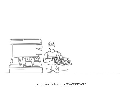 Farmer with vegetables beside market stall in continuous one line drawing. Local market concept in single line art illustration. Editable vector.  