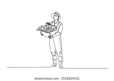 Farmer with vegetables continuous one line drawing. Farmer holding box with full of vegetables in single line art illustration. Editable vector.  