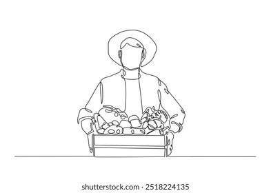 Agricultor com legumes desenho contínuo de uma linha. Caixa de exploração agrícola com cheios de legumes em ilustração de arte de linha única. Vetor editável.  