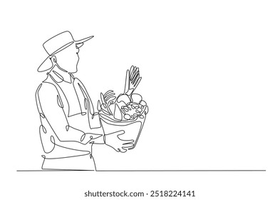 Agricultor com legumes desenho contínuo de uma linha. Caixa de exploração agrícola com cheios de legumes em ilustração de arte de linha única. Vetor editável.  