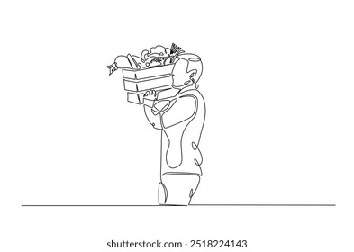 Granjero con verduras continuo de una línea de dibujo. Granjero que sostiene la caja con lleno de verduras en la ilustración del arte de la sola línea. Vector editable.  