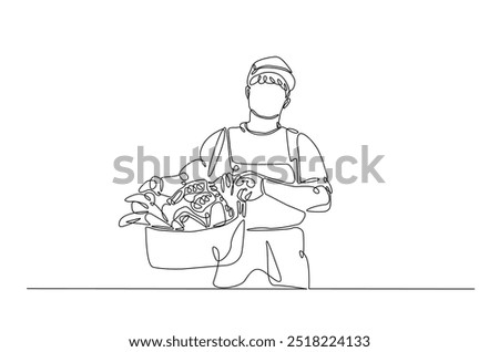 Farmer with vegetables continuous one line drawing. Farmer holding box with full of vegetables in single line art illustration. Editable vector.  