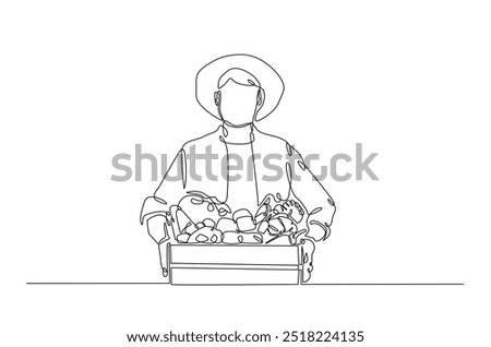 Farmer with vegetables continuous one line drawing. Farmer holding box with full of vegetables in single line art illustration. Editable vector.  
