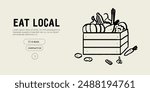 Farmer vegetables in crate from farm ready to sell on market. Hand drawn simple ink charcoal chalk or crayon vector illustration in doodle style. Farming, agriculture, local organic production concept